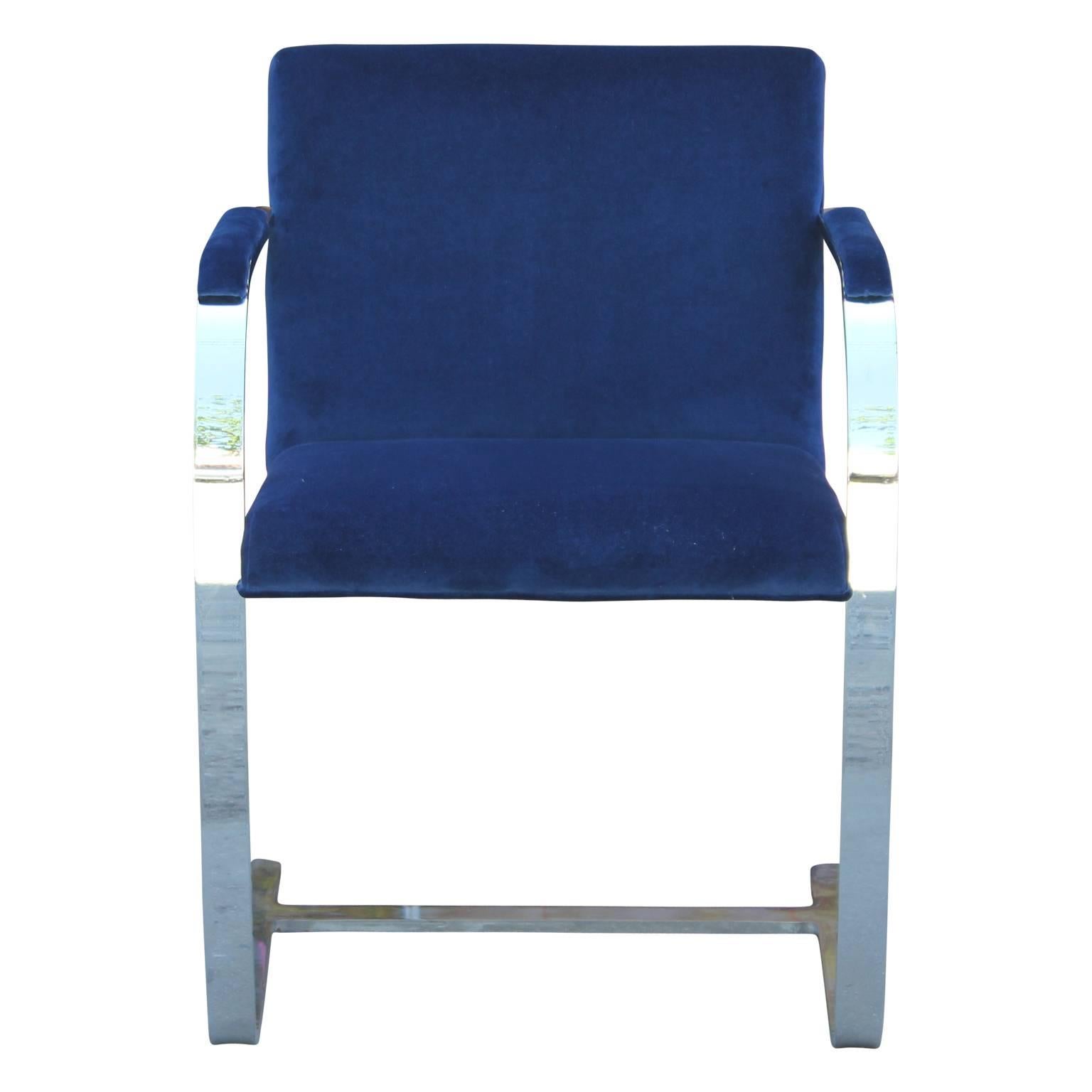 Late 20th Century Pair of Modern Mies Van Der Rohe for Brueton Chrome Brno Chairs in Blue Velvet