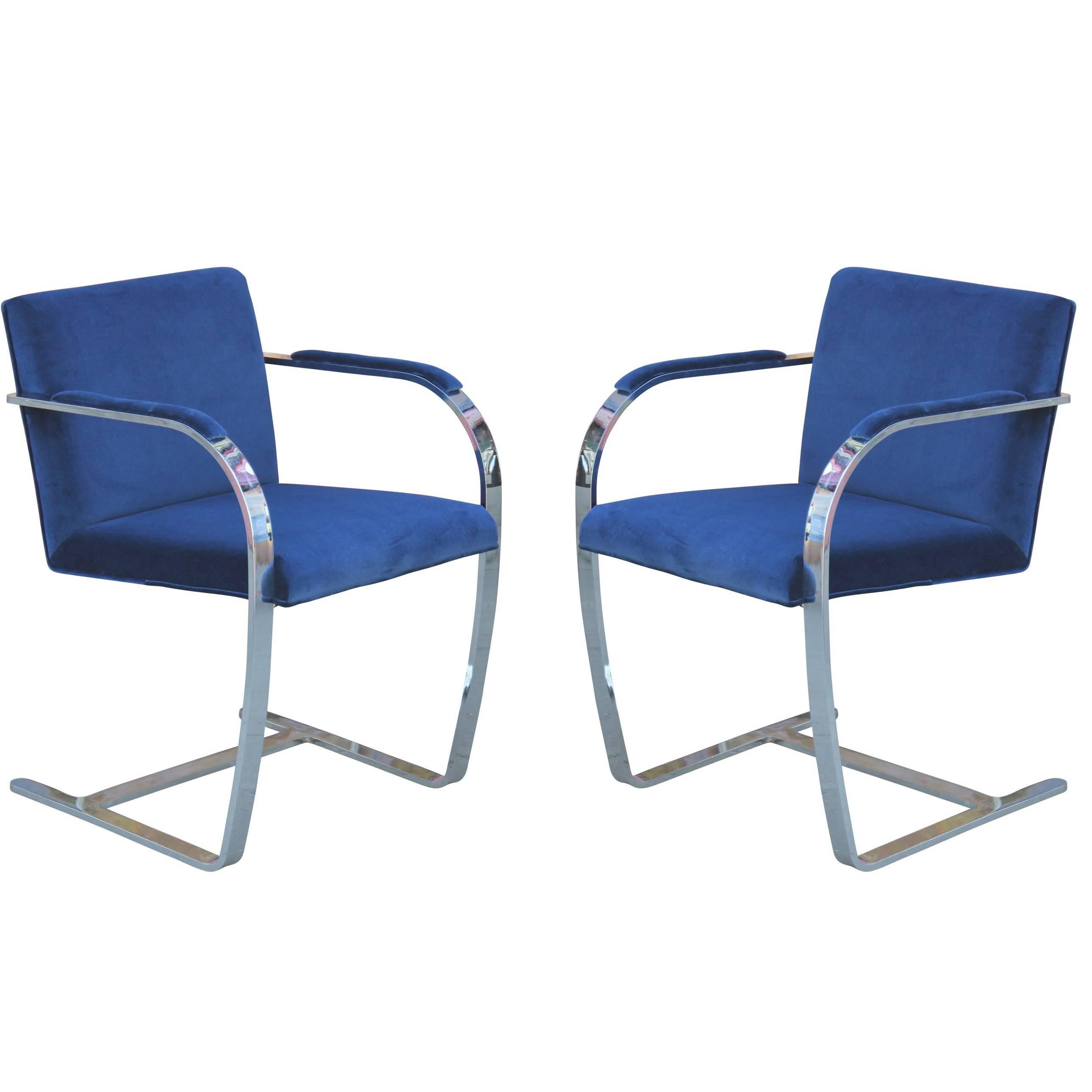 Pair of Modern Mies Van Der Rohe for Brueton Chrome Brno Chairs in Blue Velvet