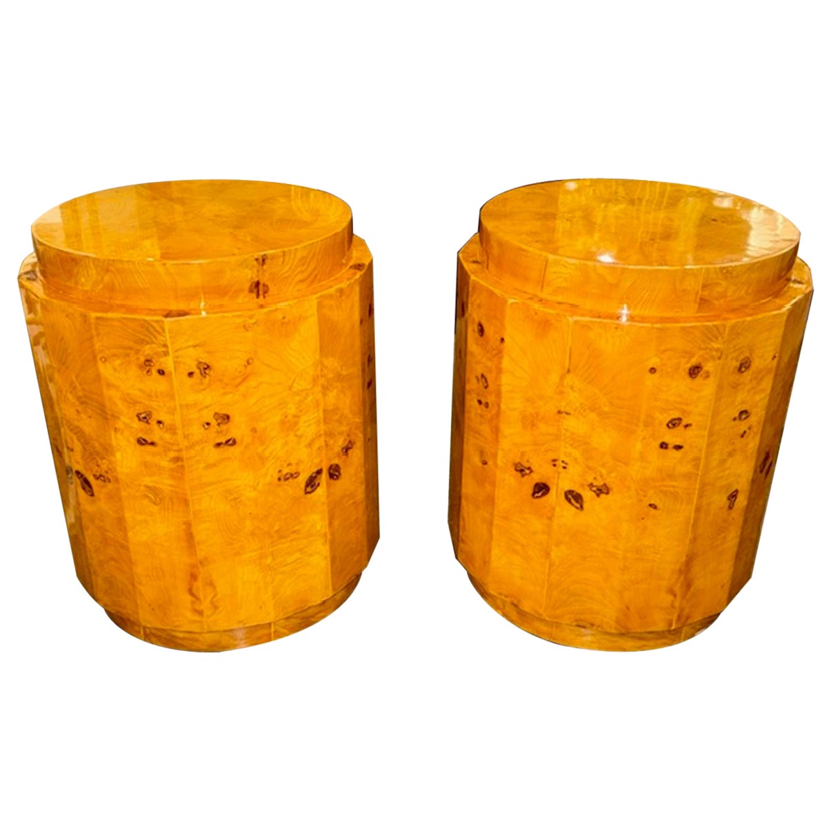 Pair of Modern Milo Baughman Manner Burl Walnut Side Tables