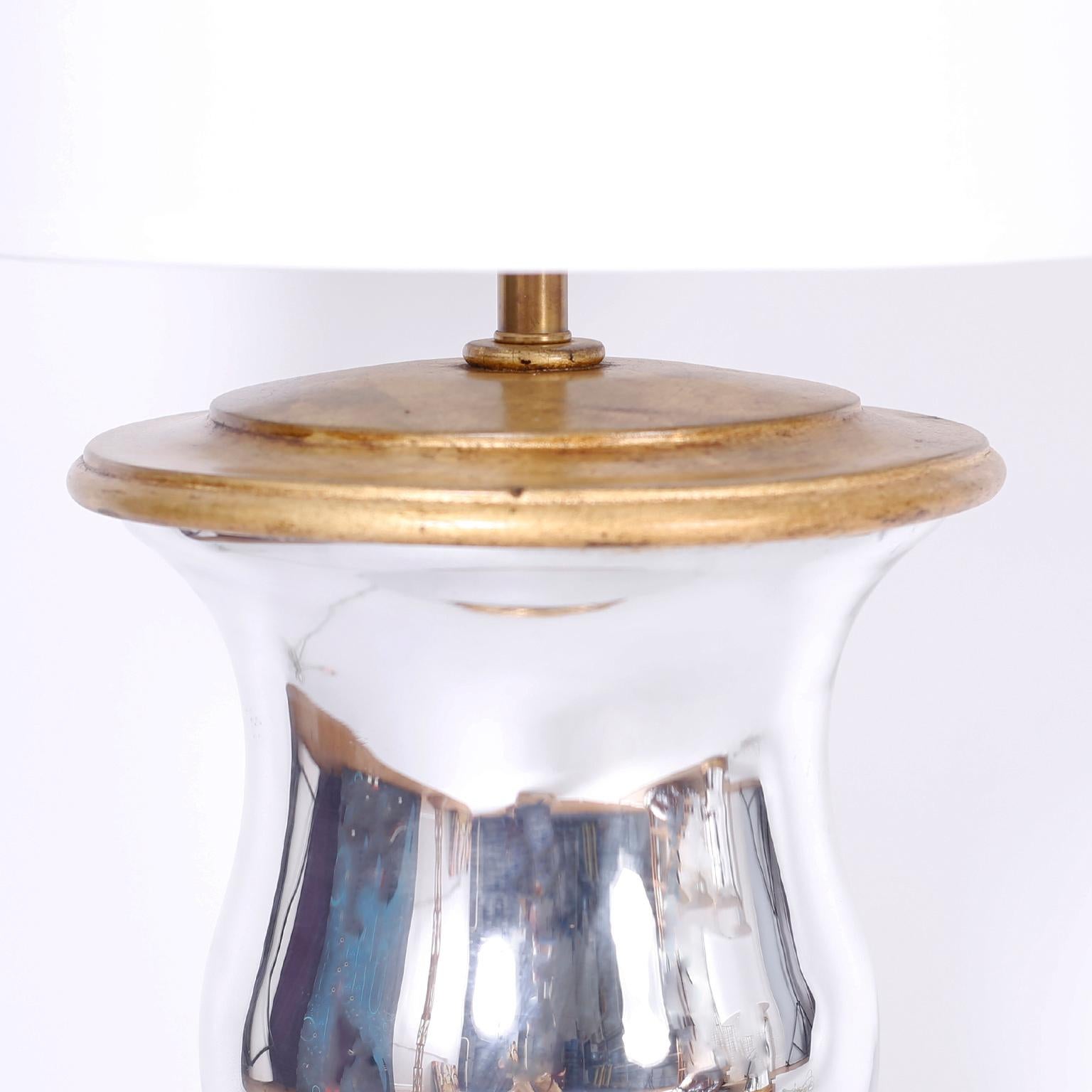 Mid-Century Modern Pair of Modern Mirrored and Gilt Wood Table Lamps For Sale