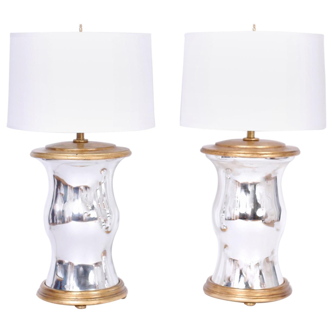 Paire de Lampes de Table Modernes en Bois Miroir et Doré en vente
