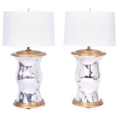 Vintage Pair of Modern Mirrored and Gilt Wood Table Lamps