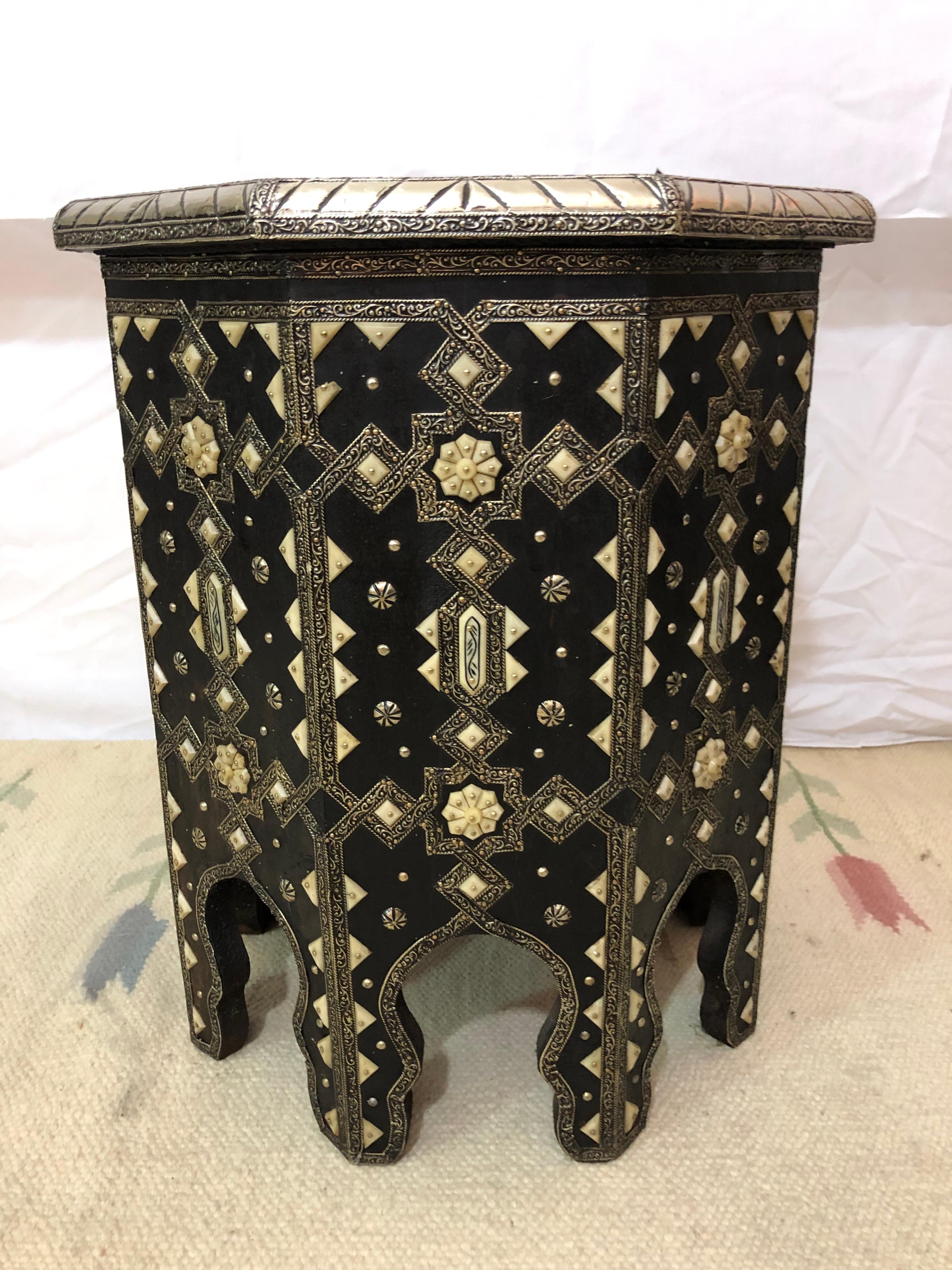 Pair of Modern Moroccan Ebonized Wood with White Brass and Bone Inlaid Tables 12