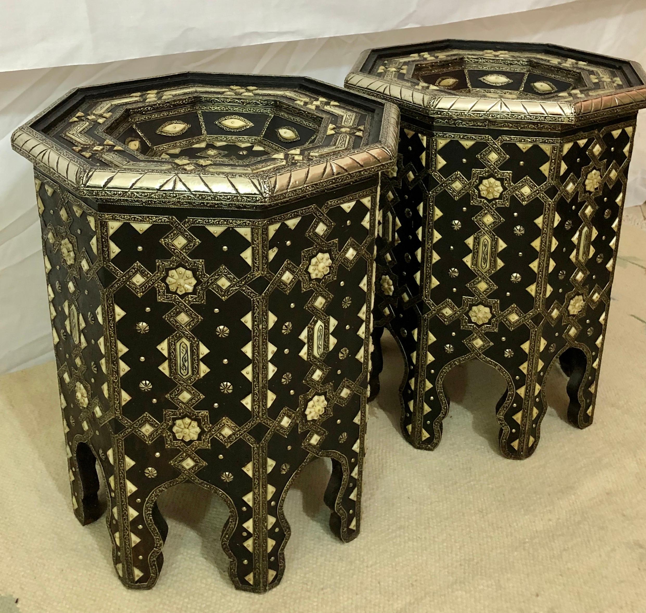 Pair of Modern Moroccan Ebonized Wood with White Brass and Bone Inlaid Tables In Good Condition In Plainview, NY