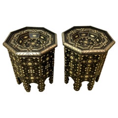 Pair of Modern Moroccan Ebonized Wood with White Brass and Bone Inlaid Tables