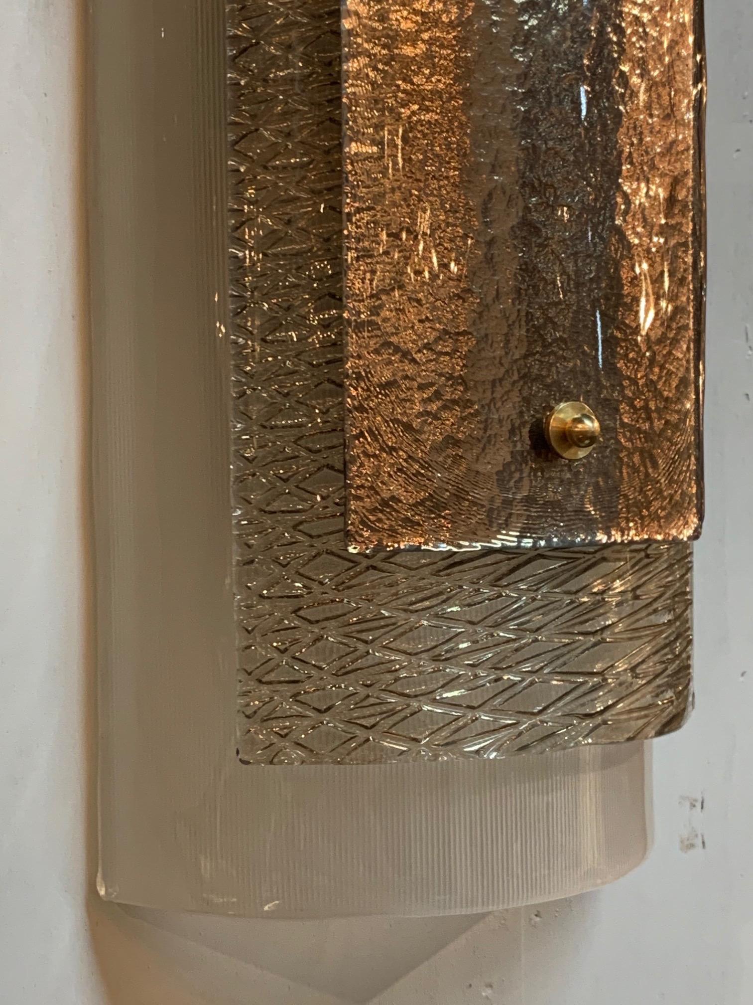 Pair of Modern Multi Layered Murano Glass Wall Sconces In Good Condition In Dallas, TX