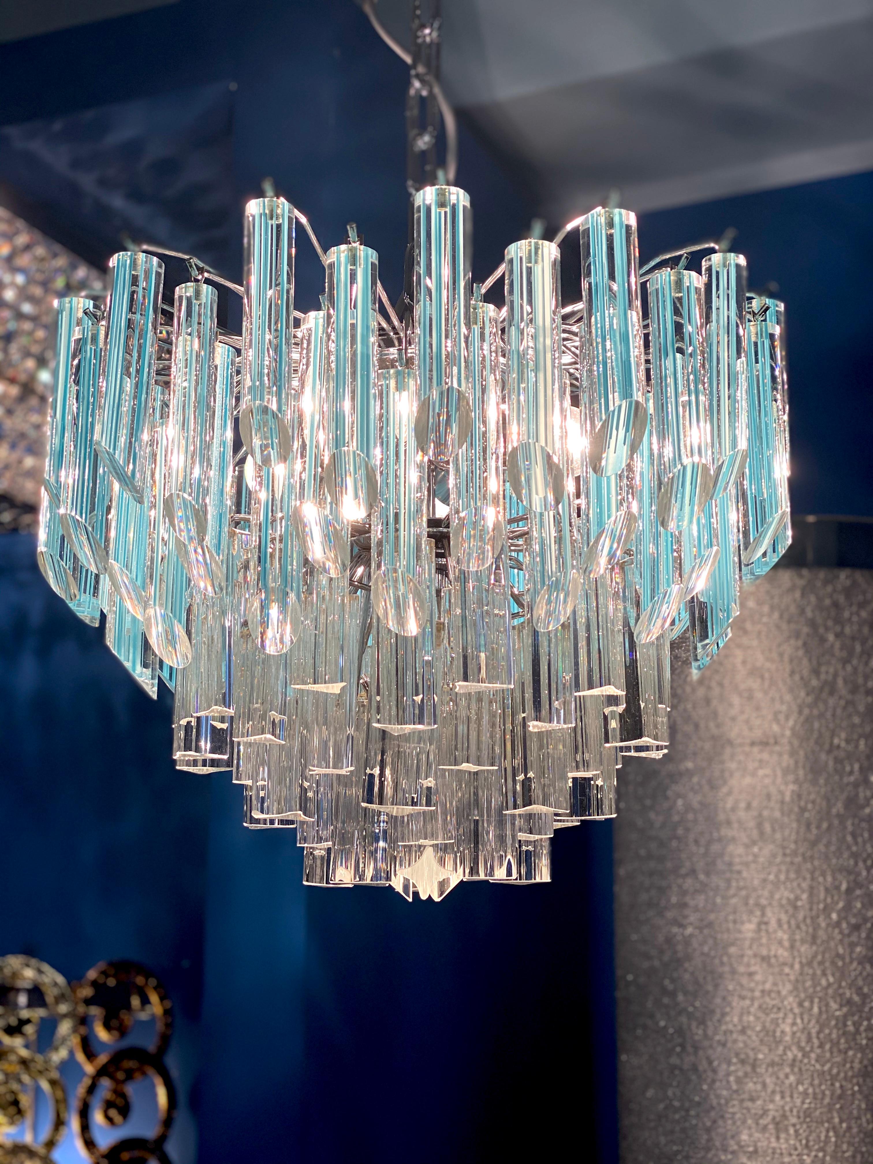 Italian Pair of Modern Multitier Crystal Prism Murano Glass Chandelier, 1970 For Sale