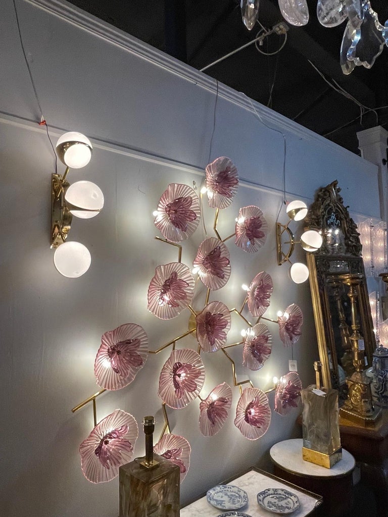 Pair of Modern Murano Brass and Glass Ball Form Sconces For Sale at 1stDibs