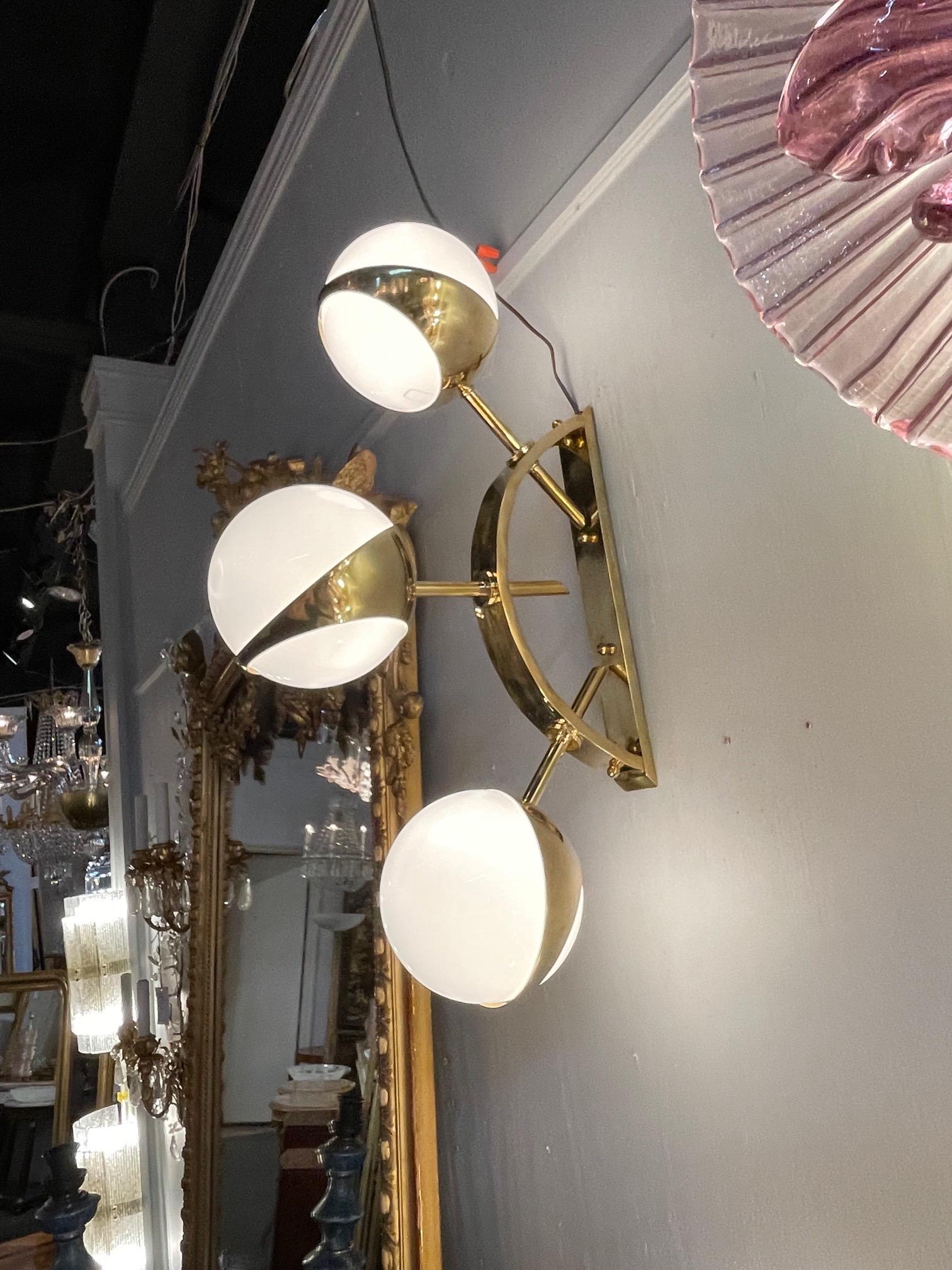Contemporary Pair of Modern Murano Brass and Glass Ball Form Sconces For Sale