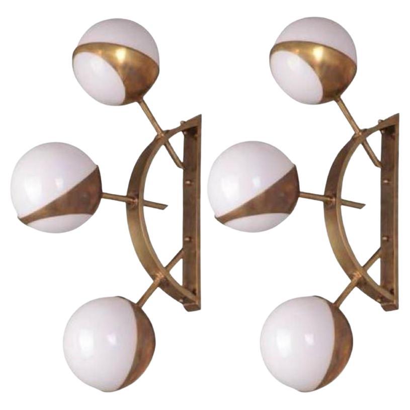 Pair of Modern Murano Brass and Glass Ball Form Sconces For Sale