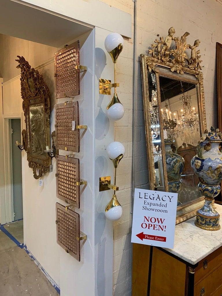 Pair of Modern Murano Gilt Brass and White Glass Ball Form Sconces In Good Condition For Sale In Dallas, TX
