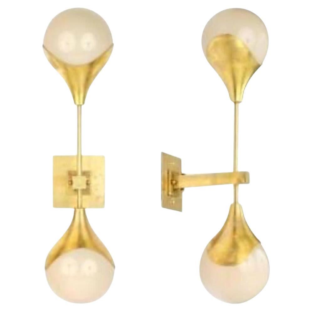 Pair of Modern Murano Gilt Brass and White Glass Ball Form Sconces