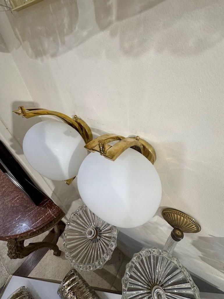 Pair of Modern Murano Glass and Brass Ball Form Sconces In Good Condition For Sale In Dallas, TX