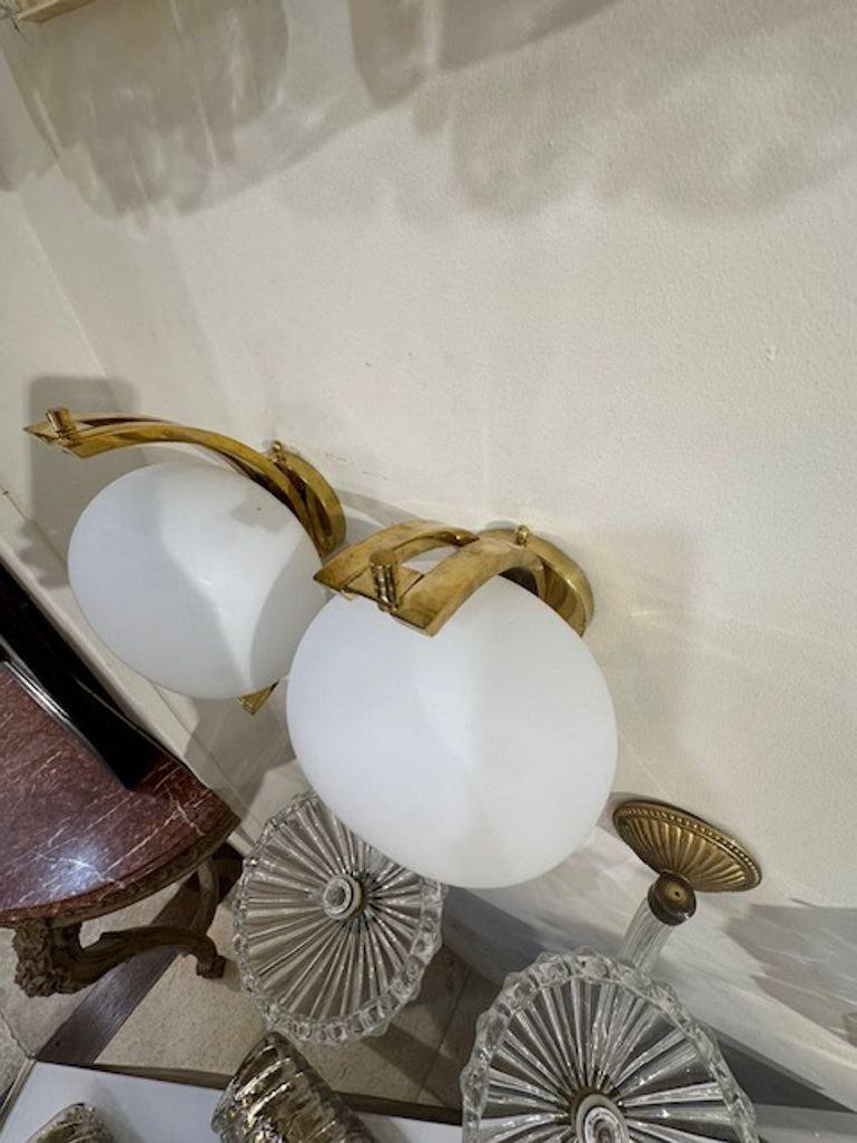 Contemporary Pair of Modern Murano Glass and Brass Ball Form Sconces For Sale