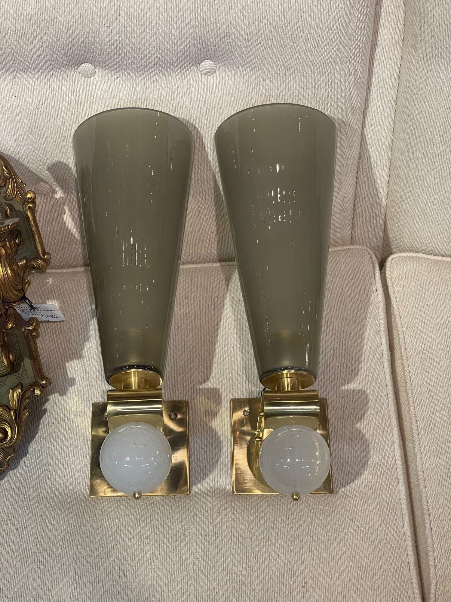 Elegant pair of modern Murano glass and brass cone form sconces. Beautiful greyish/green color and nice decorative details. Stunning!