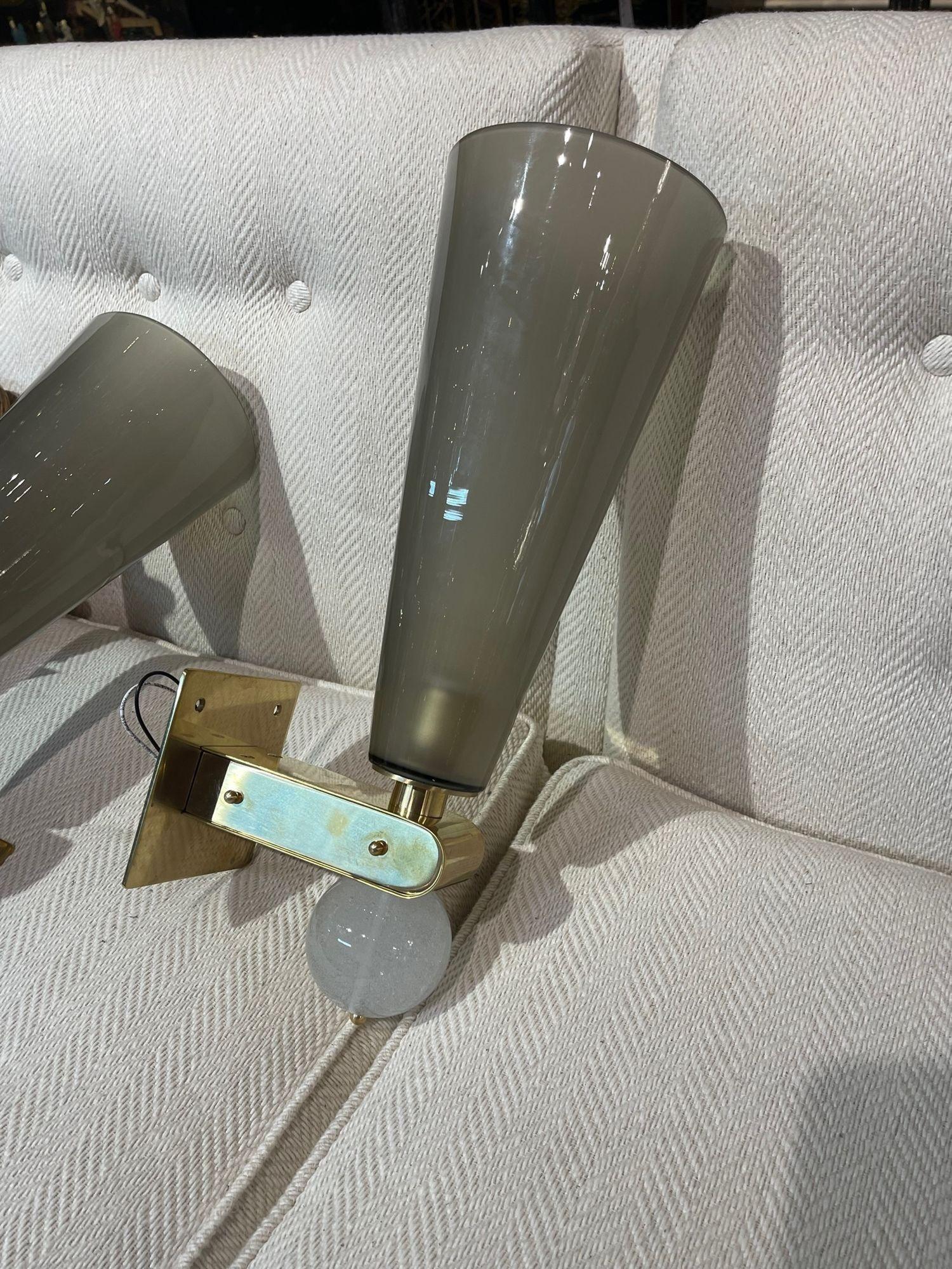 Italian Pair of Modern Murano Glass and Brass Cone Form Sconces For Sale