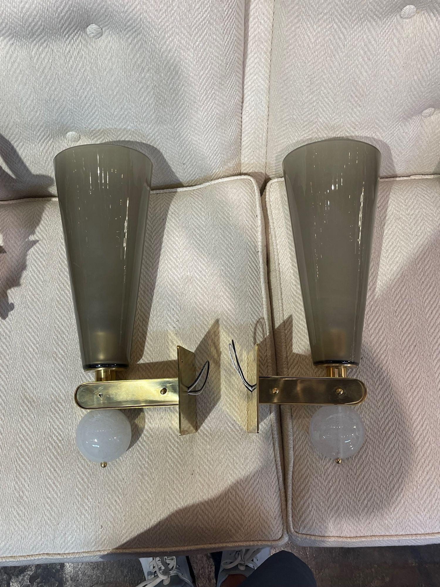 Pair of Modern Murano Glass and Brass Cone Form Sconces For Sale 1