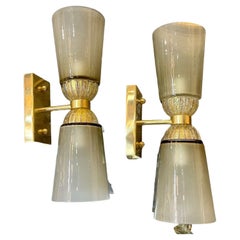 Pair of Modern Murano Glass and Brass Double Blown Sconces