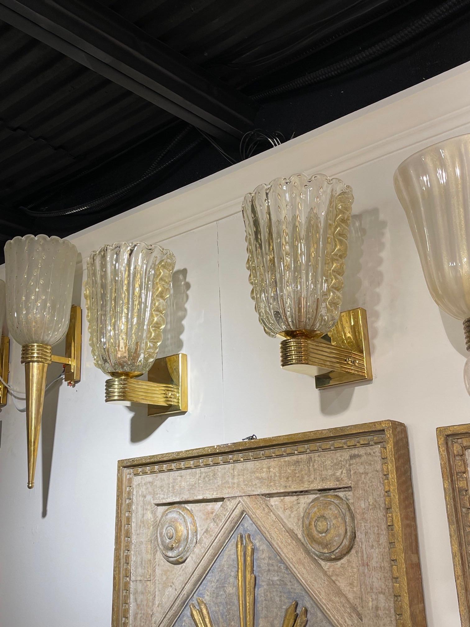 Italian Pair of Modern Murano Glass and Brass Gold Cup Sconces
