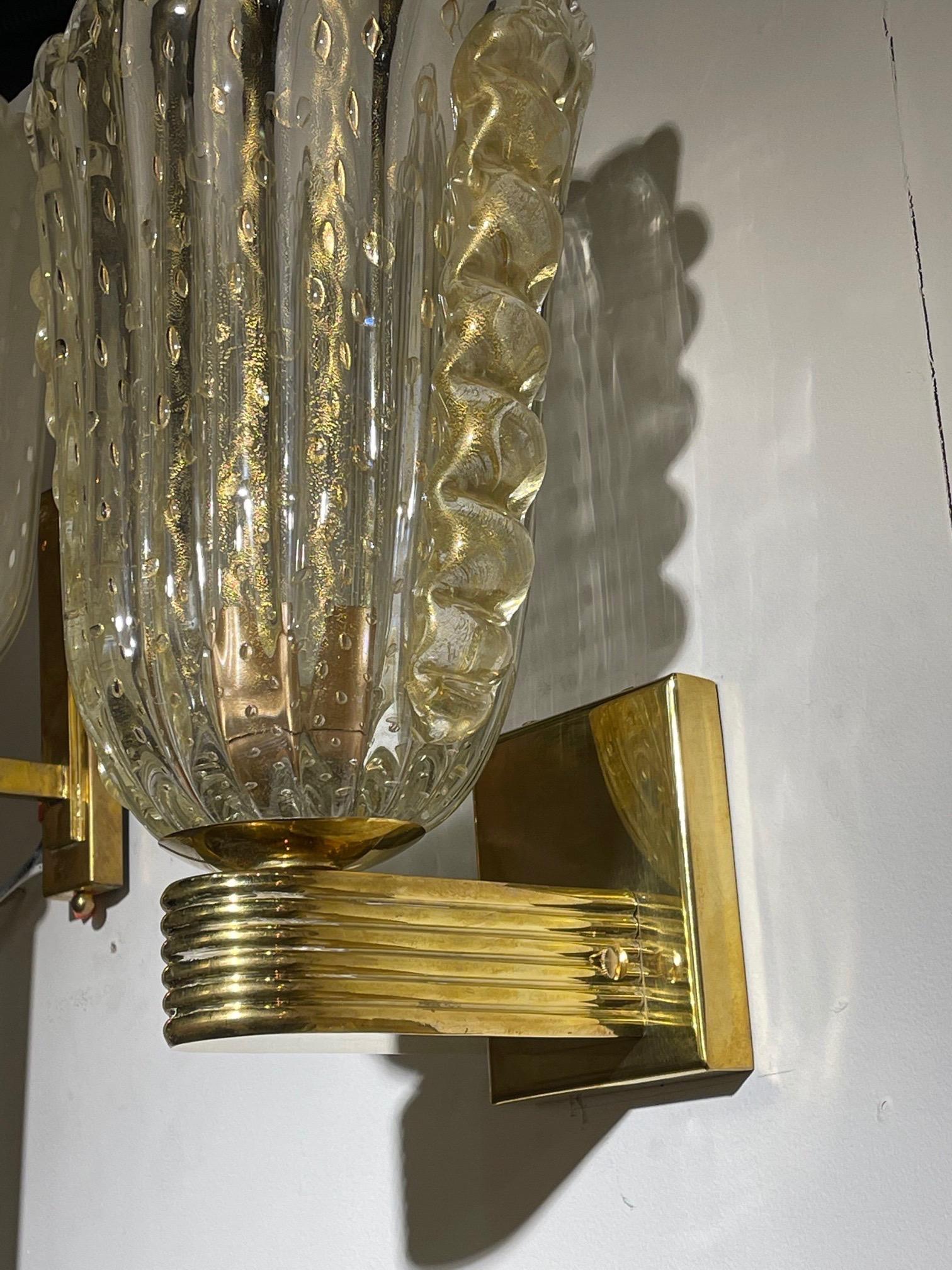 Pair of Modern Murano Glass and Brass Gold Cup Sconces In Good Condition In Dallas, TX