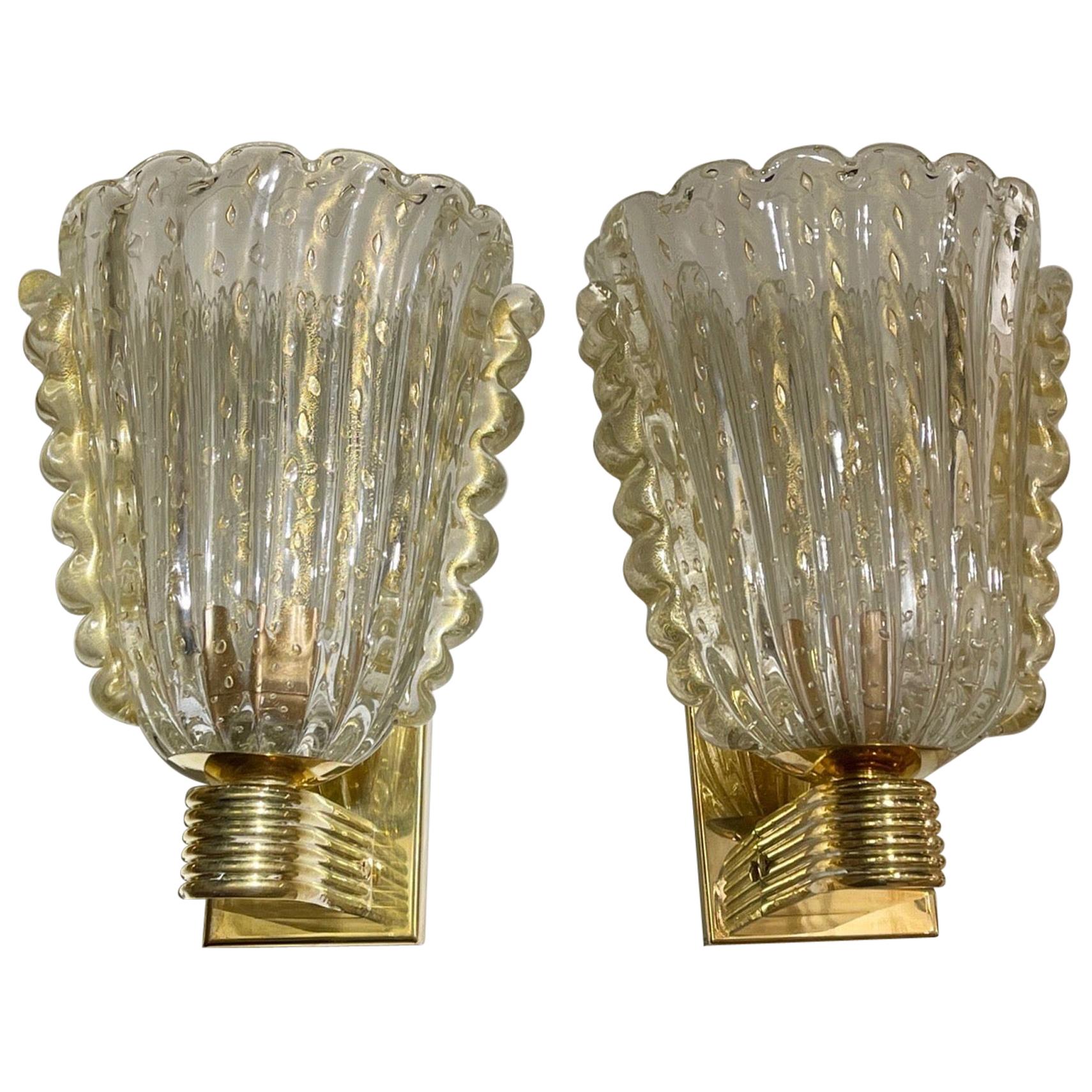 Pair of Modern Murano Glass and Brass Gold Cup Sconces