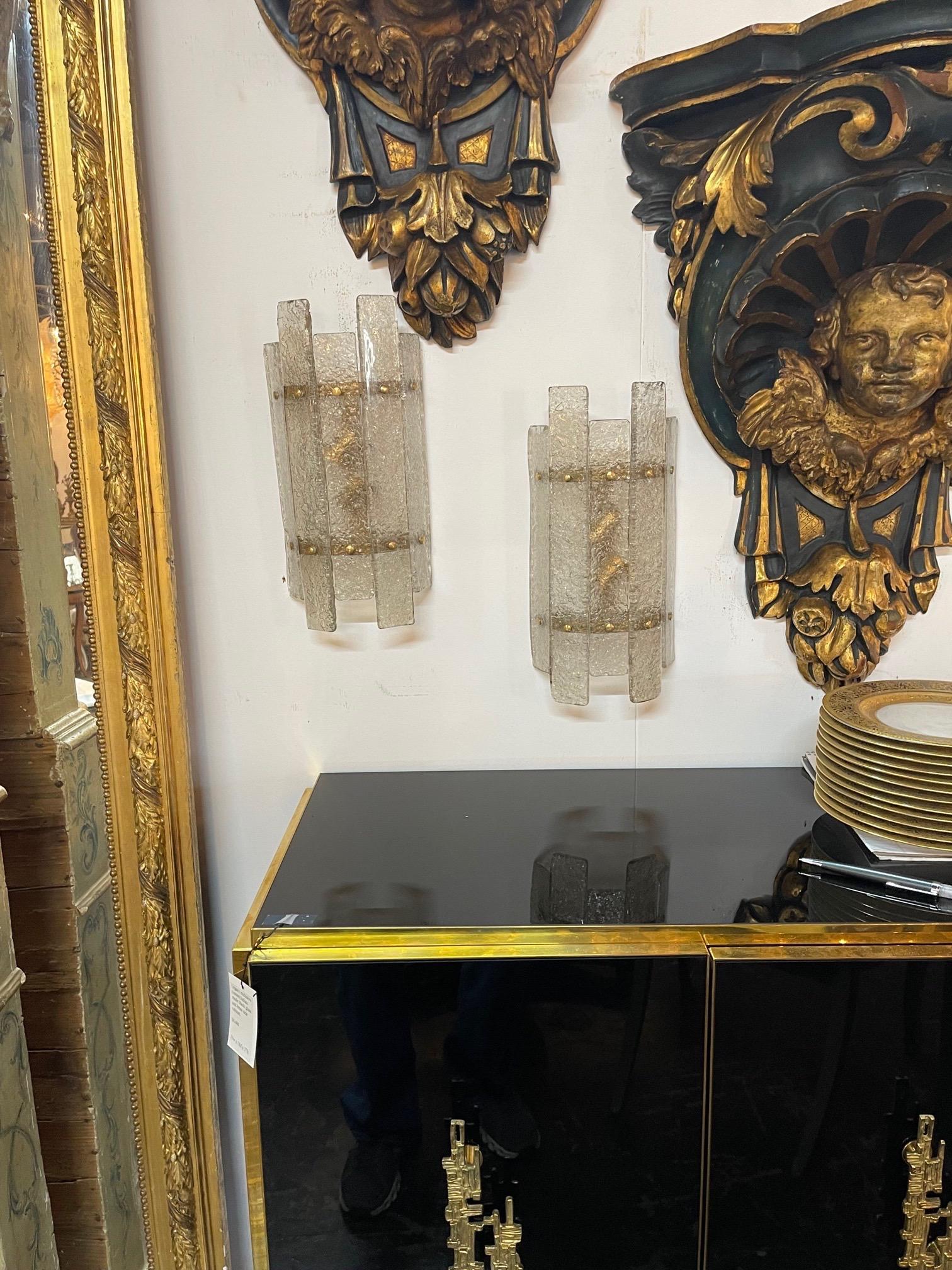 Pair of Modern Murano Glass and Brass Sconces For Sale 1