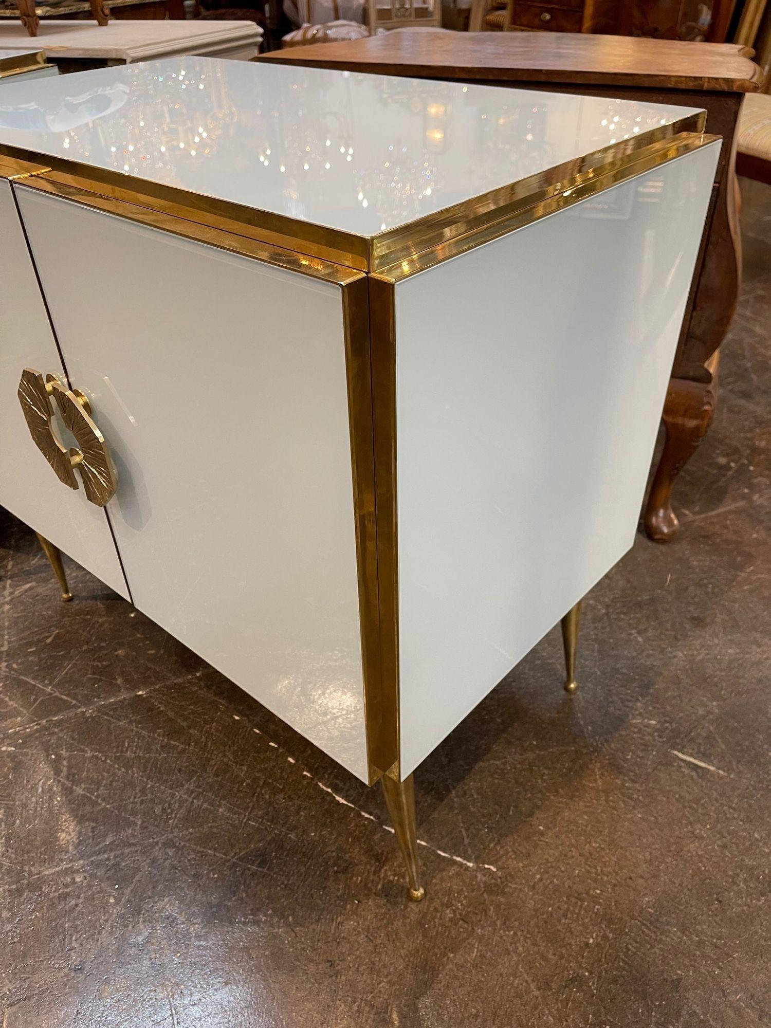 Contemporary Pair of Modern Murano Glass and Brass Side Cabinets For Sale