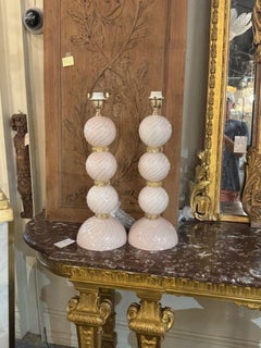 Pair of Modern Murano Glass Ball Form Lamps in Pearl Pink and Gold
