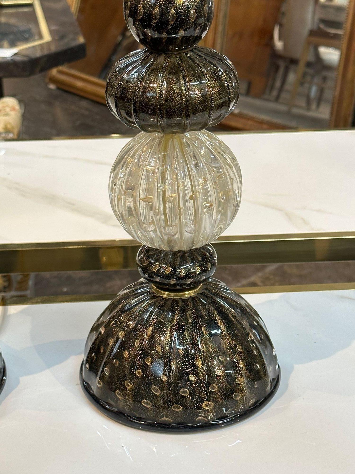 Italian Pair of Modern Murano Glass Black and Gold Lamps For Sale
