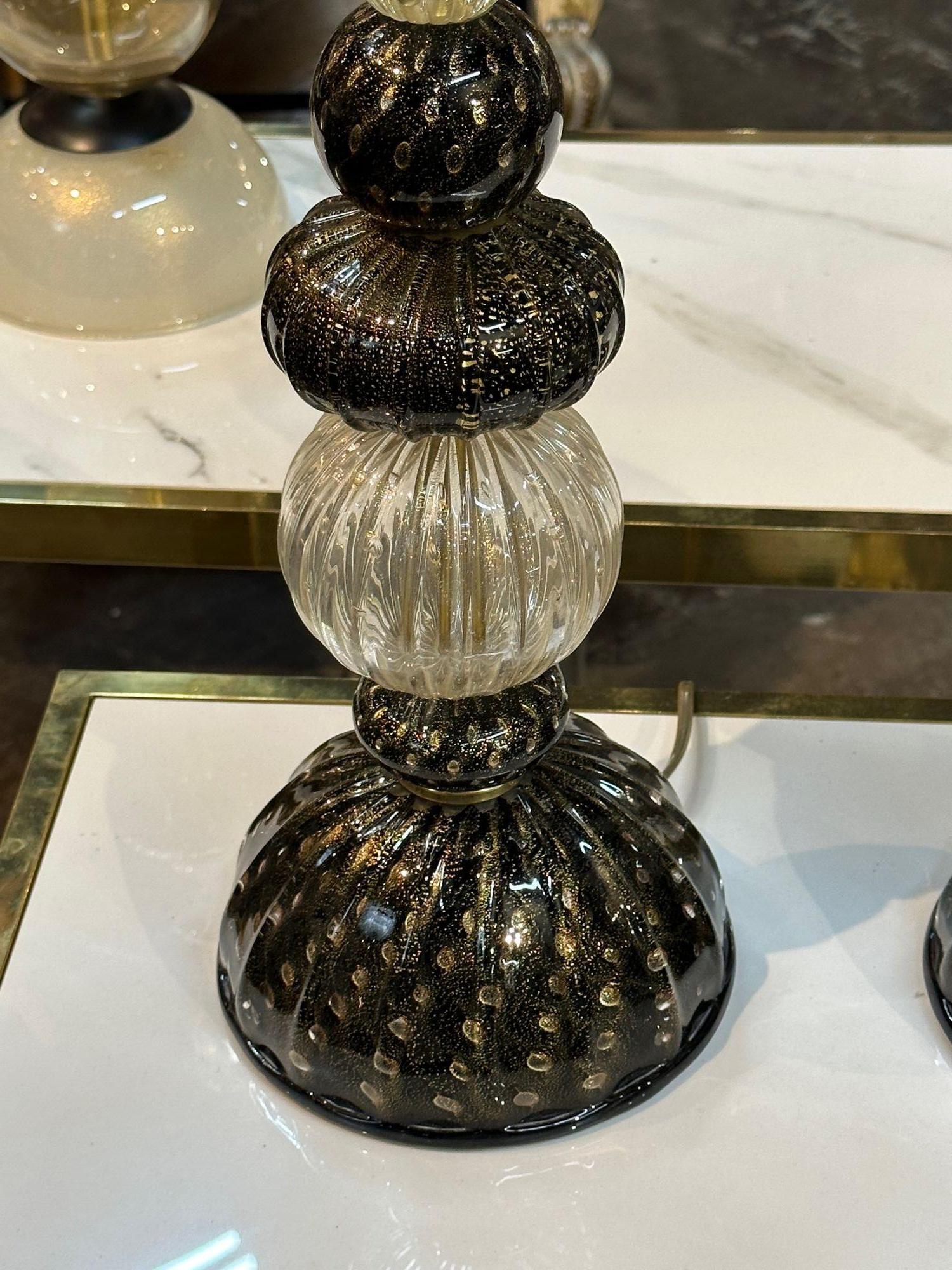 Contemporary Pair of Modern Murano Glass Black and Gold Lamps For Sale