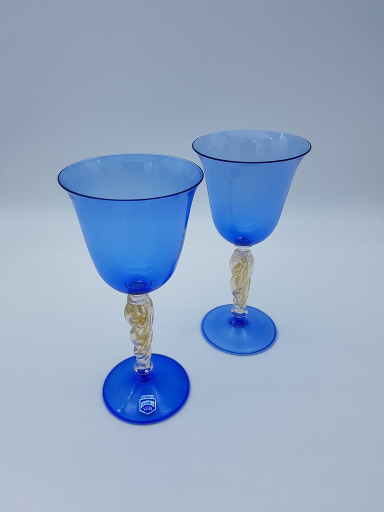 Pair of Modern Murano Glass Blue Goblets by Gino Cenedese e Figlio