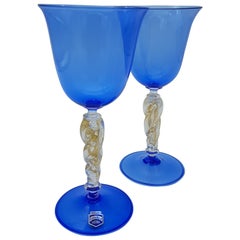 Pair of Modern Murano Glass Blue Goblets by Gino Cenedese e Figlio, 1990s