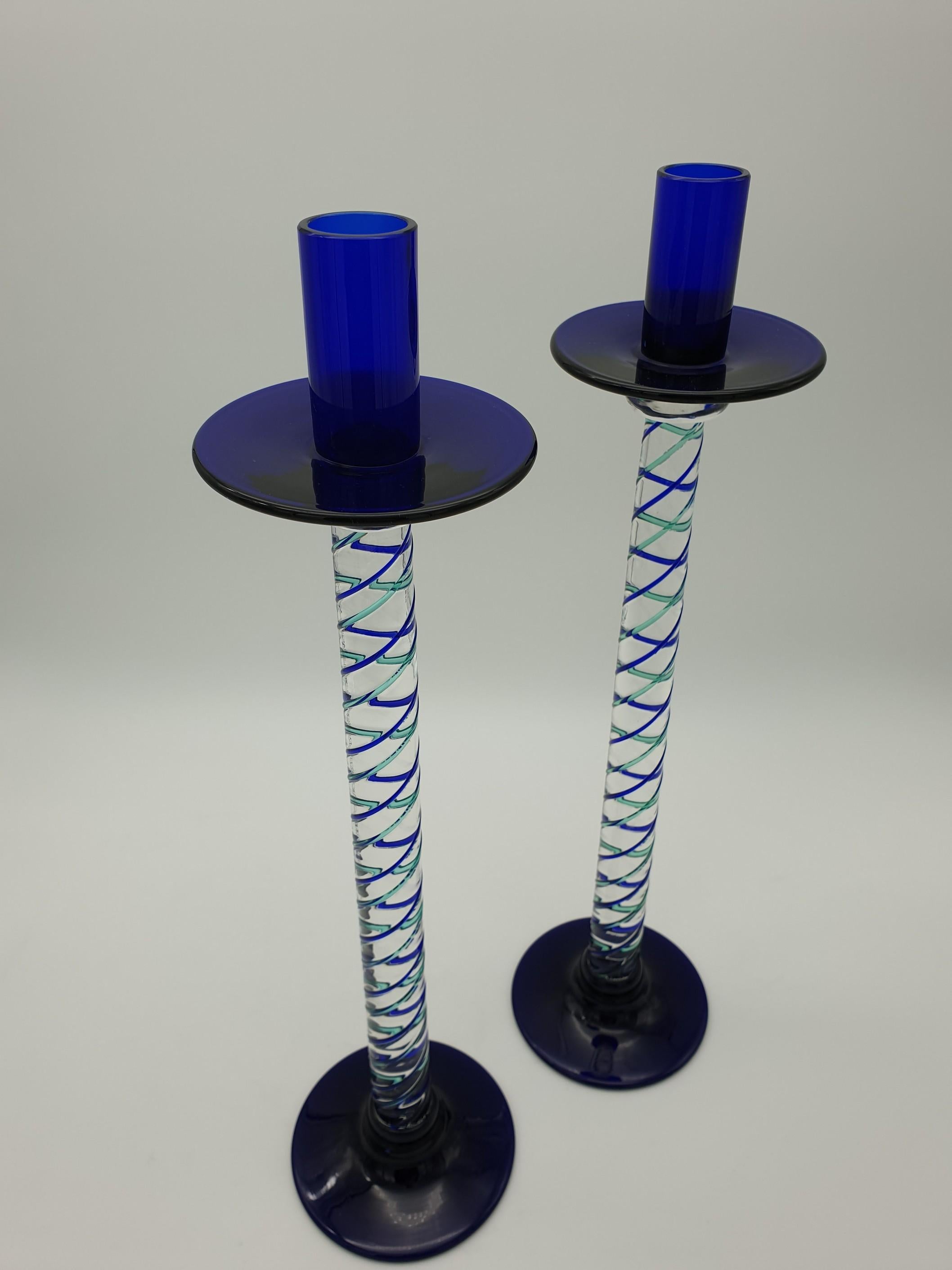 Italian Pair of Modern Murano Glass Candlesticks by Cenedese, Blue and Green, Late 1990s For Sale