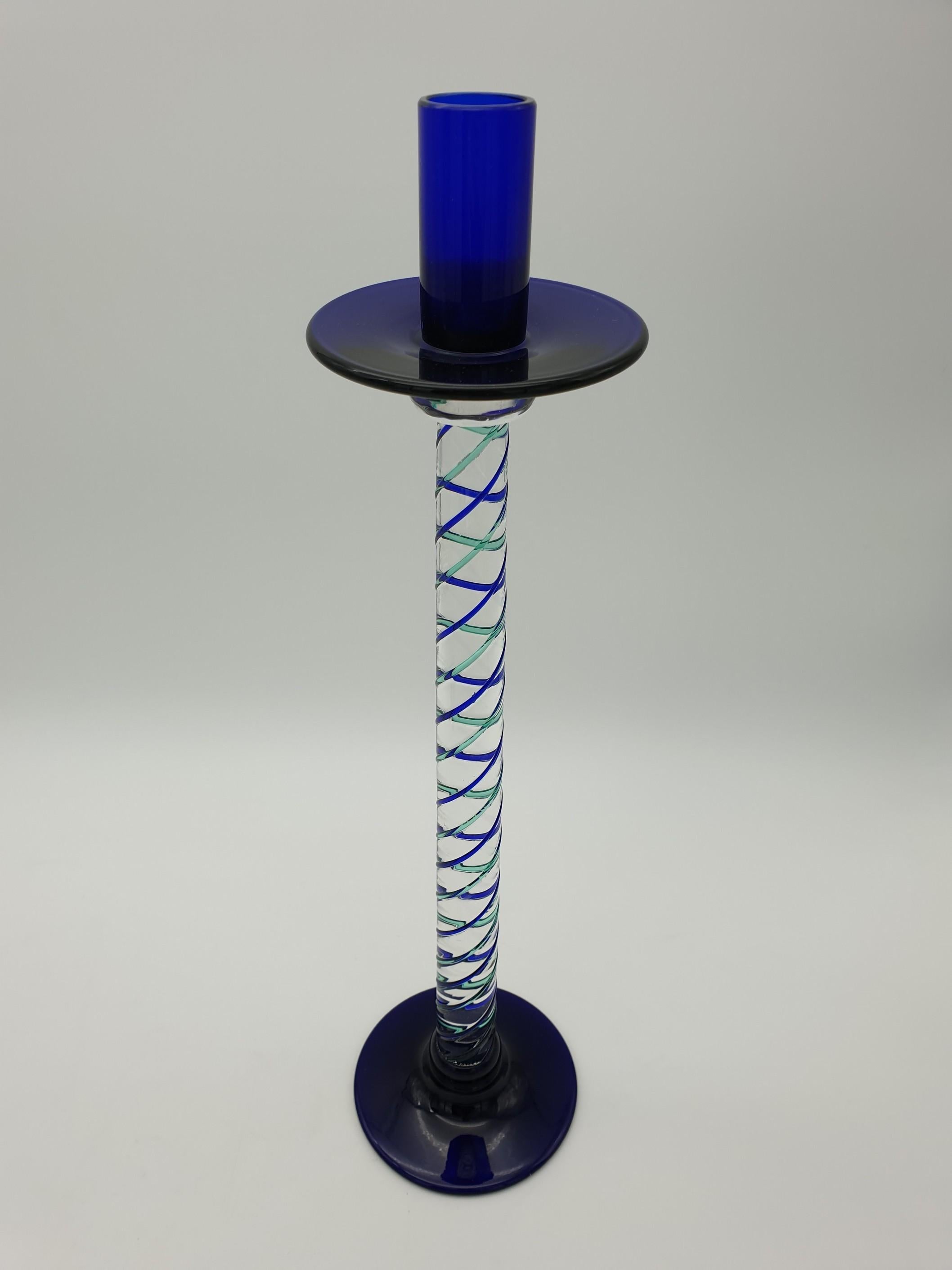 Hand-Crafted Pair of Modern Murano Glass Candlesticks by Cenedese, Blue and Green, Late 1990s For Sale