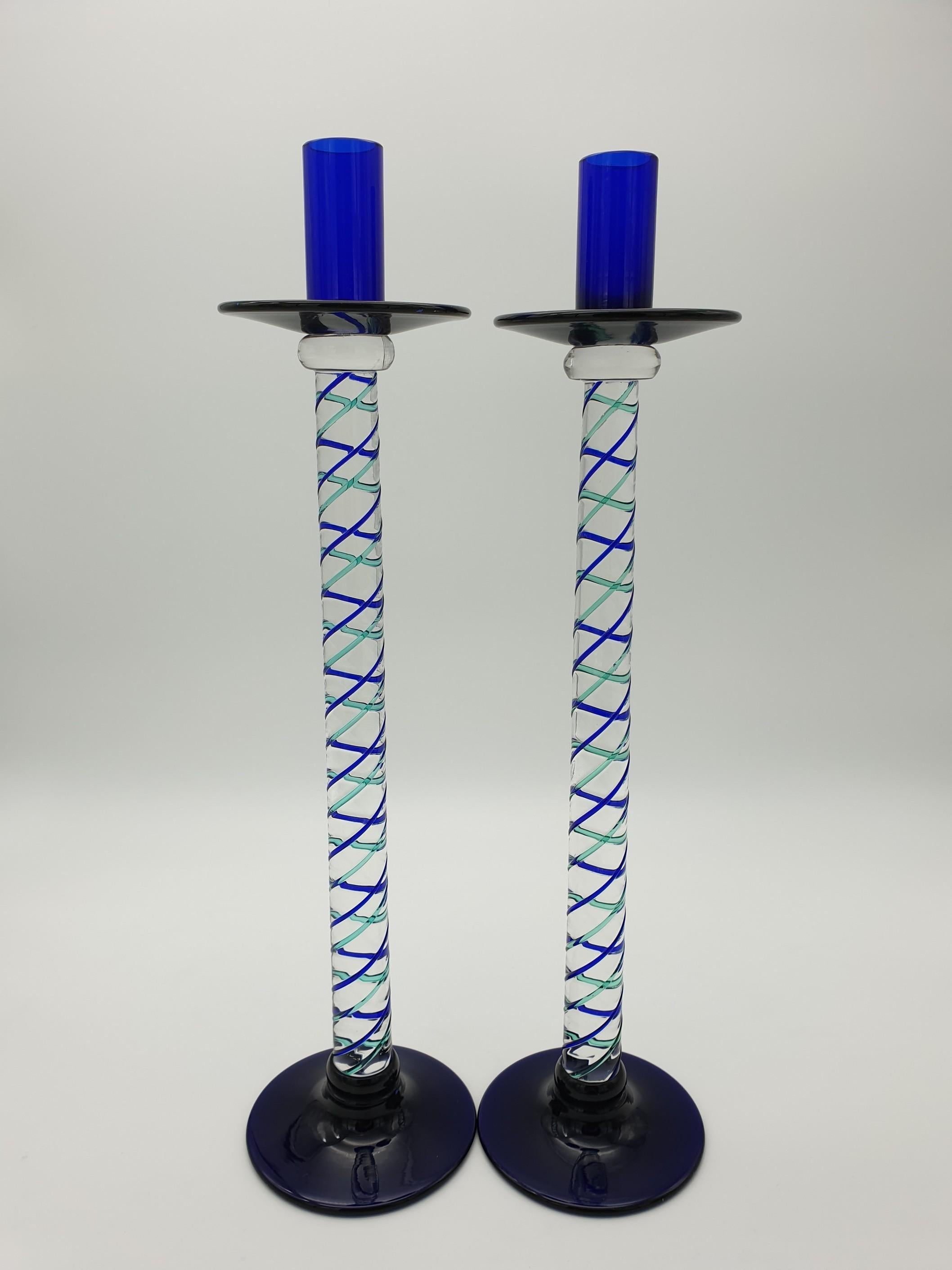 Pair of Modern Murano Glass Candlesticks by Cenedese, Blue and Green, Late 1990s For Sale 3