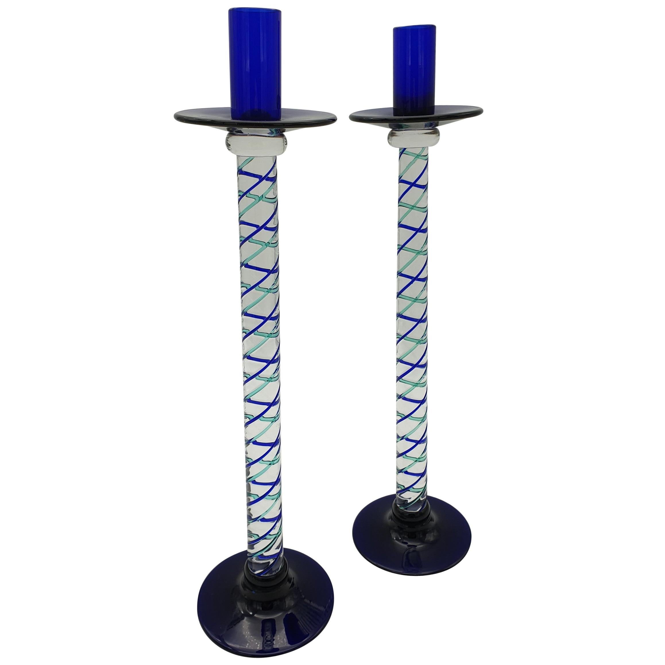 Pair of Modern Murano Glass Candlesticks by Cenedese, Blue and Green, Late 1990s For Sale