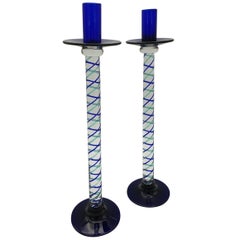 Vintage Pair of Modern Murano Glass Candlesticks by Cenedese, Blue and Green, Late 1990s