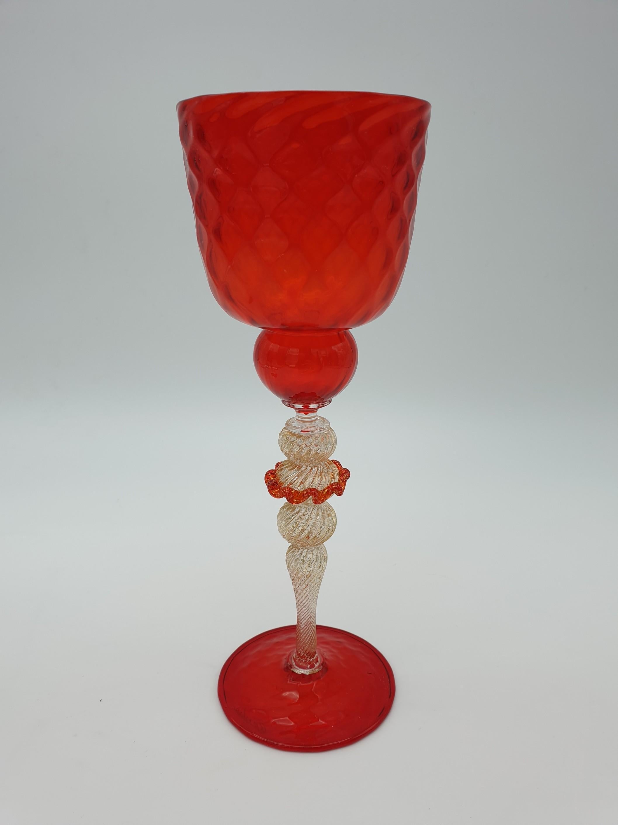 Italian Pair of Modern Murano Glass Goblets by Gino Cenedese, Red & Amethyst, Late 1990s For Sale