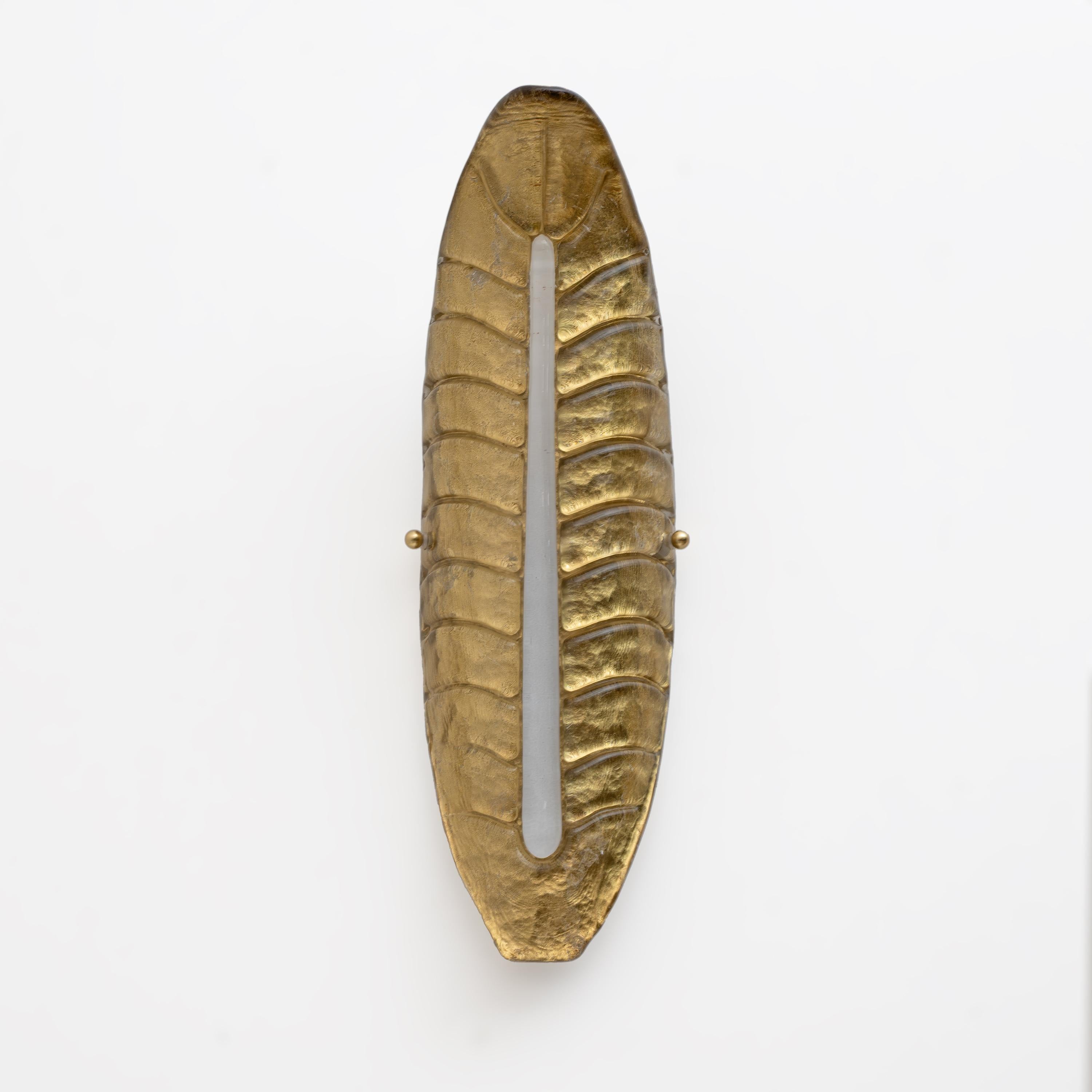 Brass Pair of Modern Murano Glass Gold Leaf Sconces For Sale