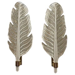 Pair of Modern Murano Glass Leaf Form Sconces Frosted in a Pearl White