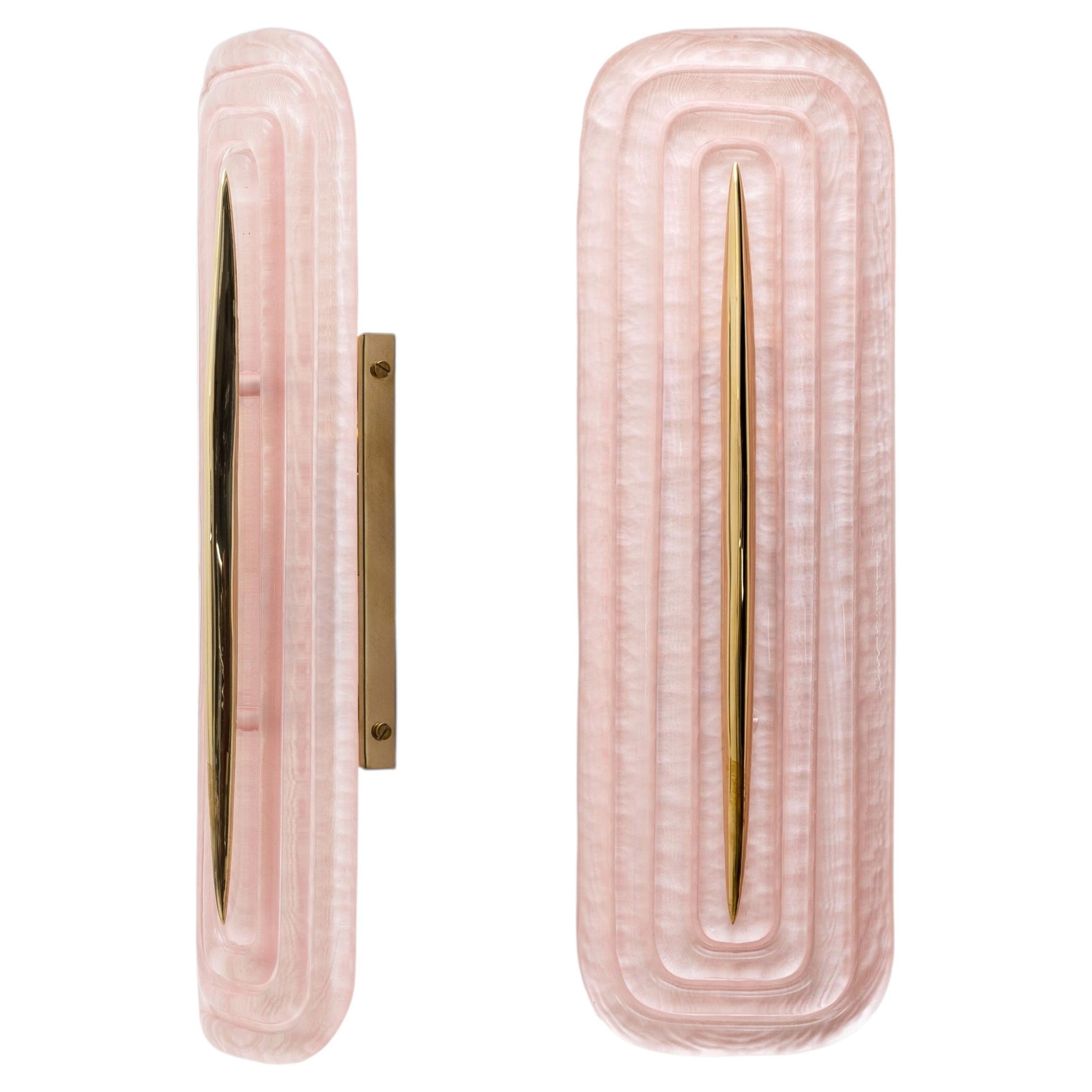 Pair of Modern Murano Glass Pink and Brass Wall Sconces, Italy For Sale
