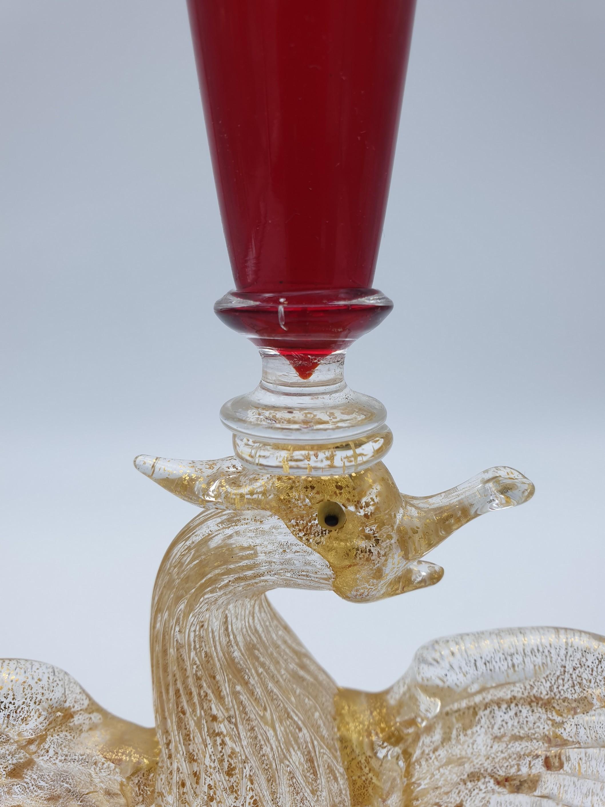 Pair of Modern Murano Glass Red Goblets with Gold Phoenix by Gino Cenedese 1990s For Sale 8