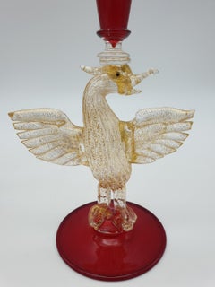 Pair of Modern Murano Glass Red Goblets with Gold Phoenix by Gino Cenedese 1990s