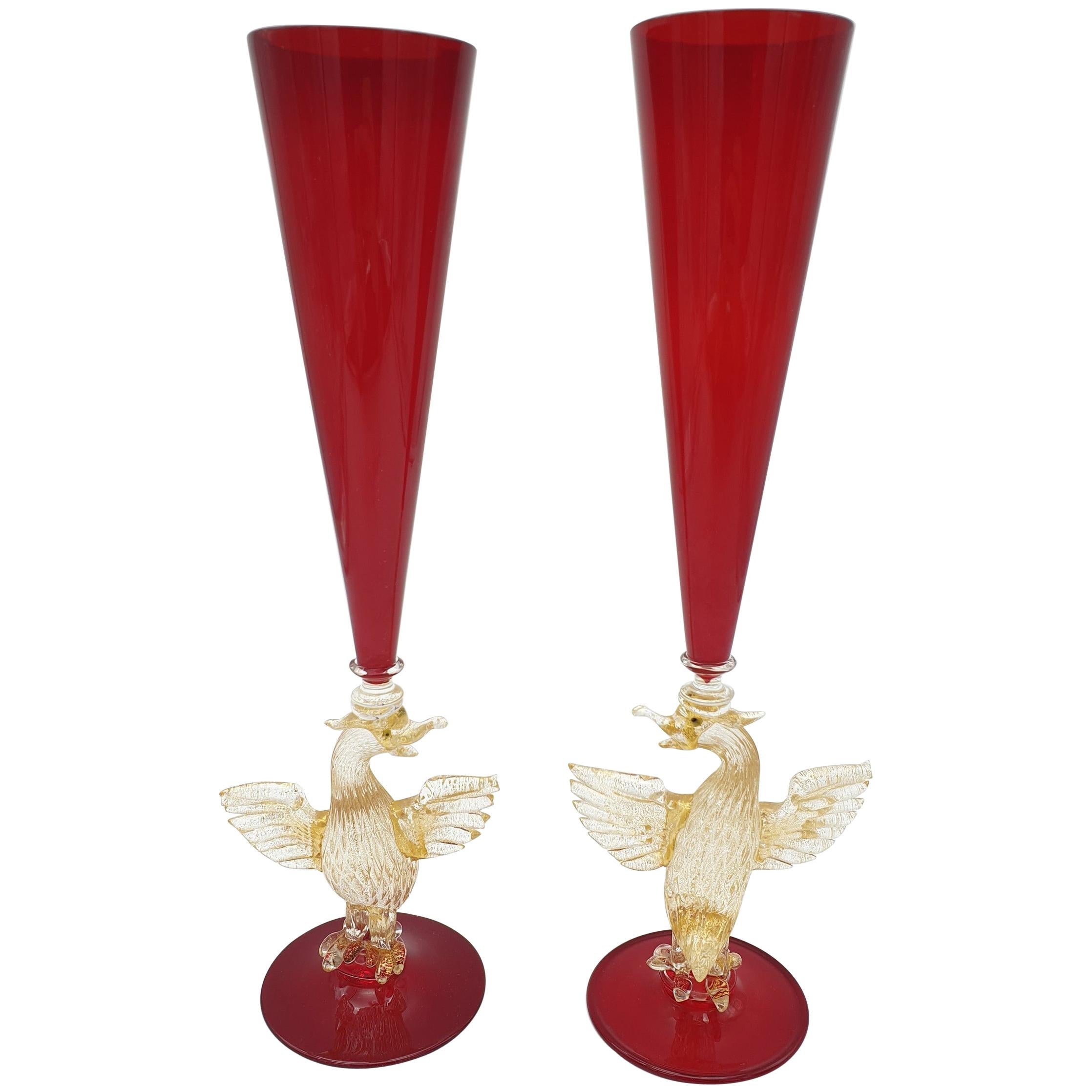 Pair of Modern Murano Glass Red Goblets with Gold Phoenix by Gino Cenedese 1990s For Sale