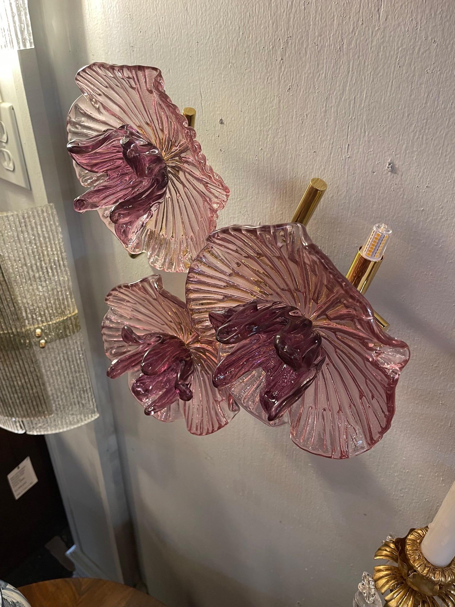Brass Pair of Modern Murano Glass Sconces For Sale