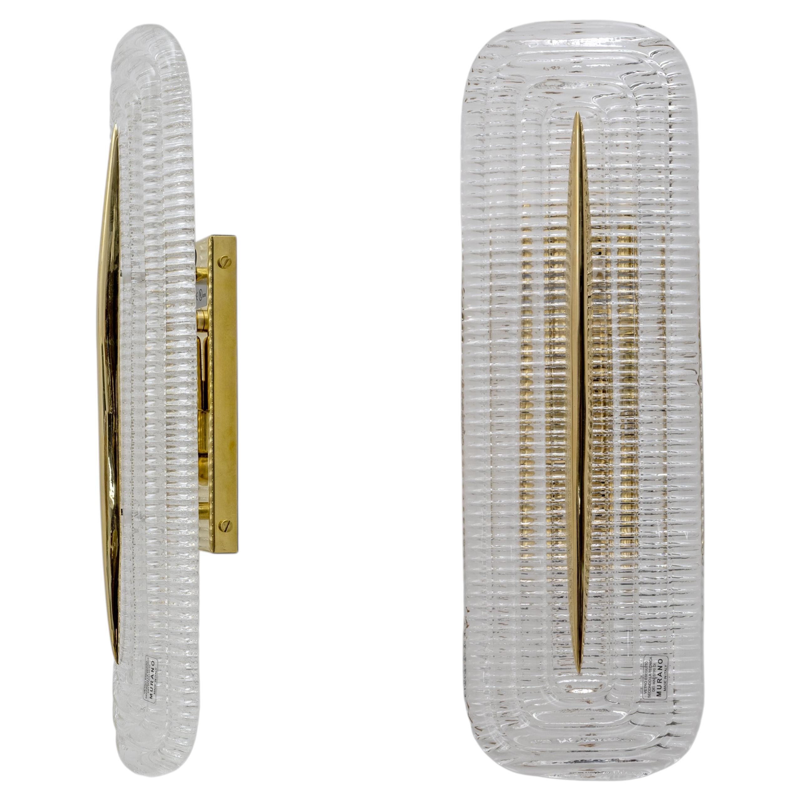 Pair of Modern Murano Glass Transparent and Brass Sconces, Italy For Sale