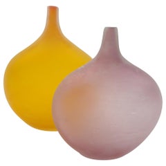 Pair of Modern Murano Glass Vases by Cenedese, Ruby Pink / Amber Yellow, 1990s