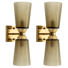Pair Of Modern Murano Greige Blown Double Wall Lights, Contemporary
