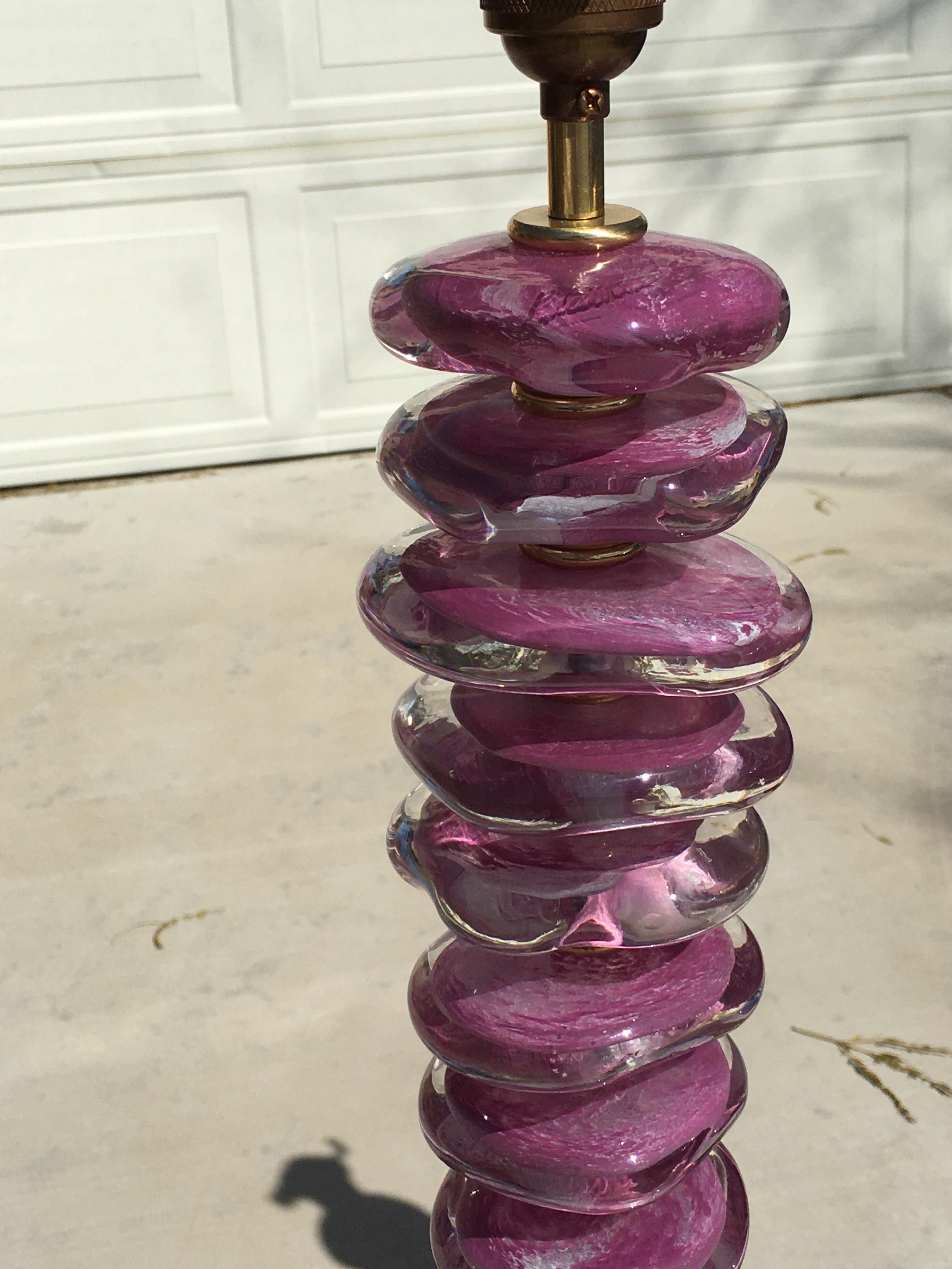 Organic Modern Pair of Modern Murano Hand Blown Violet/Purple Glass Table Lamps Signed For Sale