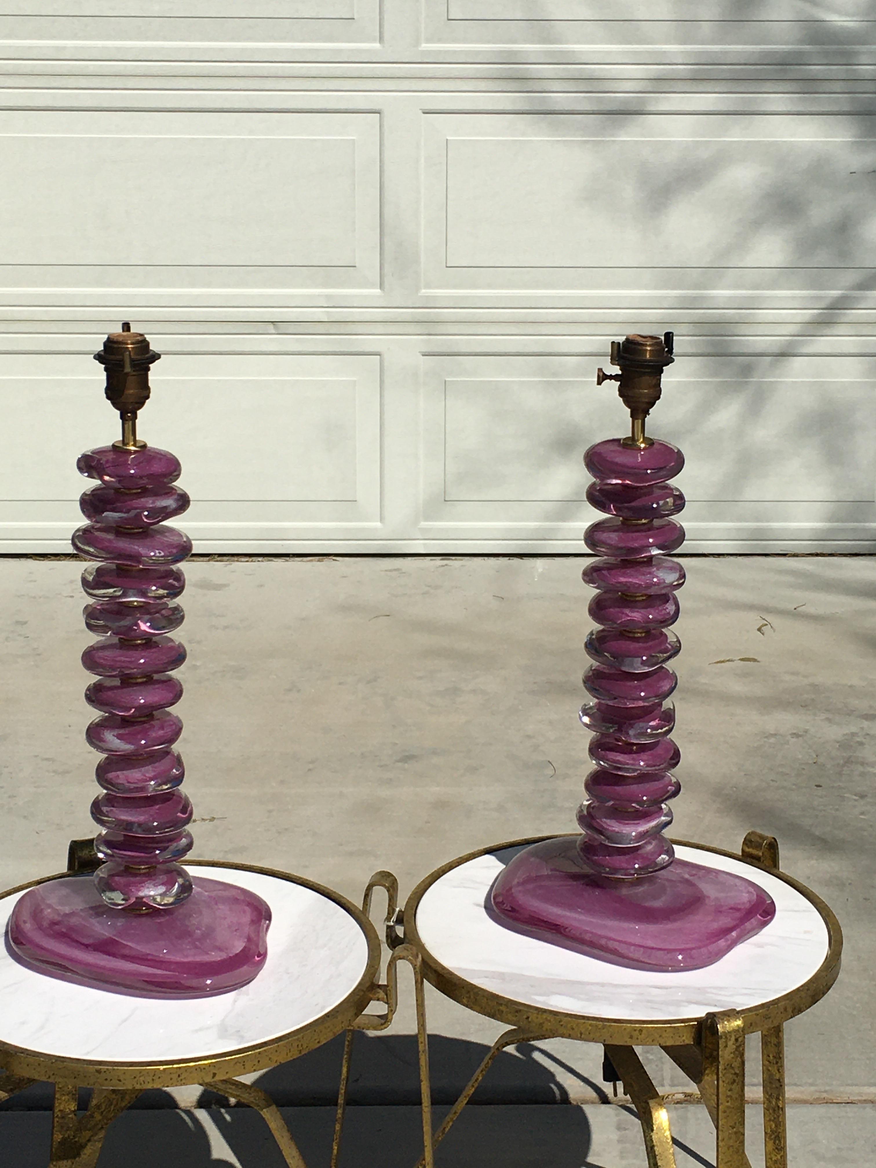 Hand-Crafted Pair of Modern Murano Hand Blown Violet/Purple Glass Table Lamps Signed For Sale